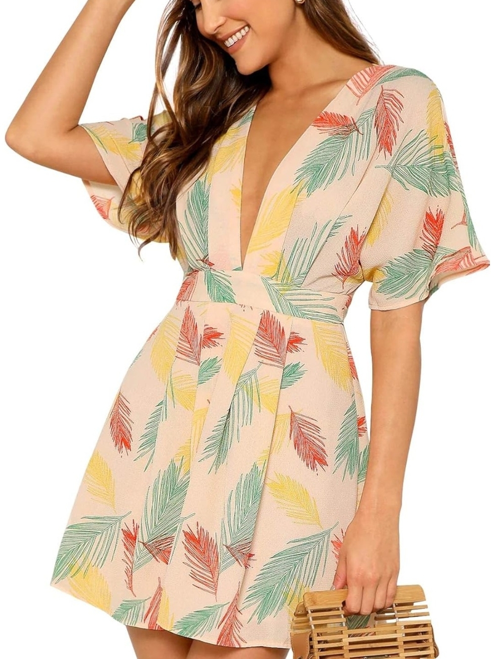 Floerns Women's Tropical Floral Plunging V Neck Tie Open Back Summer Short Dress